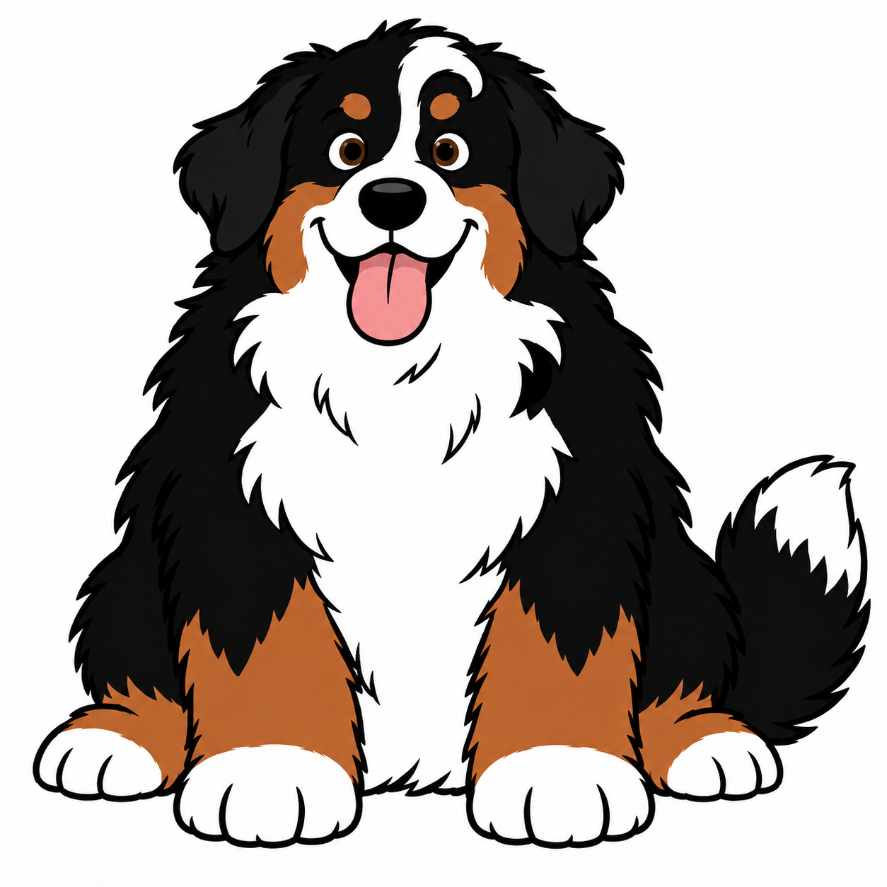 Bumbly, a large fluffy Bernese Mountain Dog, sits smiling with a pink tongue, white chest and paws, and warm rust markings